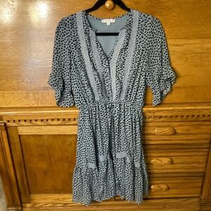 L Love Short Sleeve V-Neck Blue Black Print Boho Cottagecore Ruffle Dress